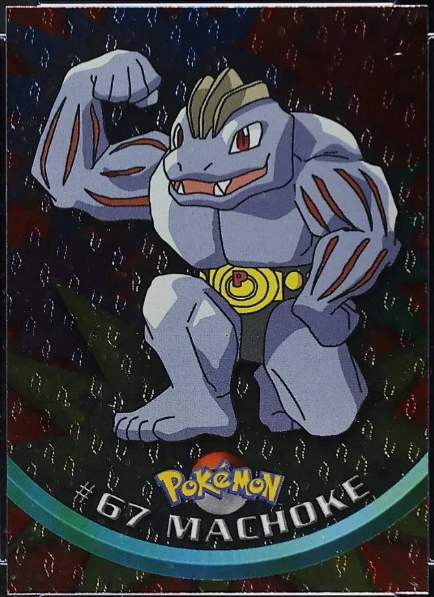 Machoke #67 3rd Print - Black Logo · Flames Silver Foil – 1999 Topps Pokemon TV Animation Series 1 Pokémon card