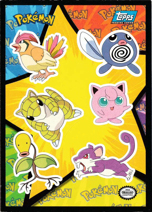 Pidgeotto , Poliwag , Sandshrew , Jigglypuff , Bellsprout , Rattata #S14 sticker · 1st Print - Blue Logo – 1999 Topps Pokemon The First Movie Pokémon card